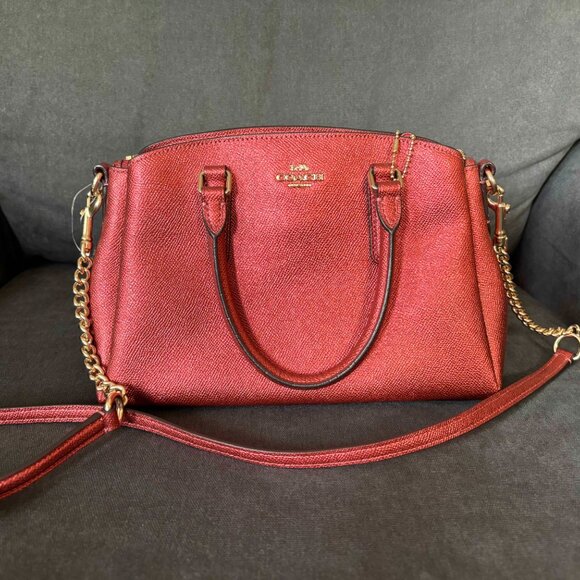 Coach Mini Sage Carryall Purse, Metallic Ruby Red Crossbody Handbag - Picture 2 of 10